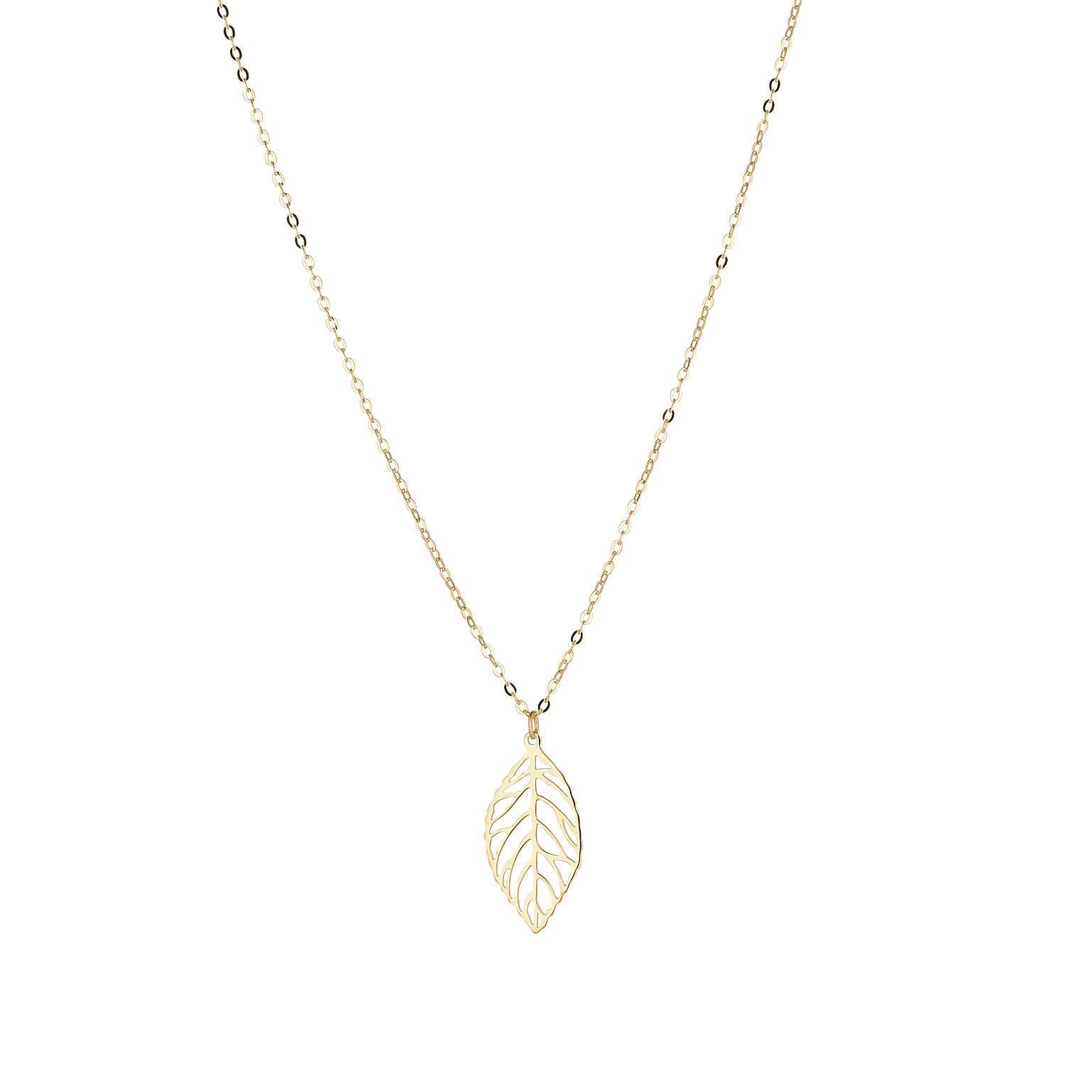 A 9kt gold leaf pendant necklace with a yellow gold chain and a cut out leaf design pendant.