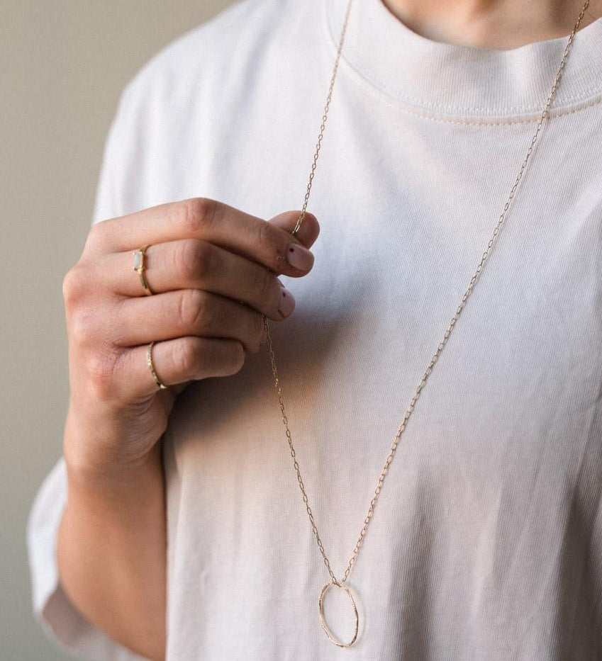 Gold Filled  Molten Circle Extra Long Pendant Necklace