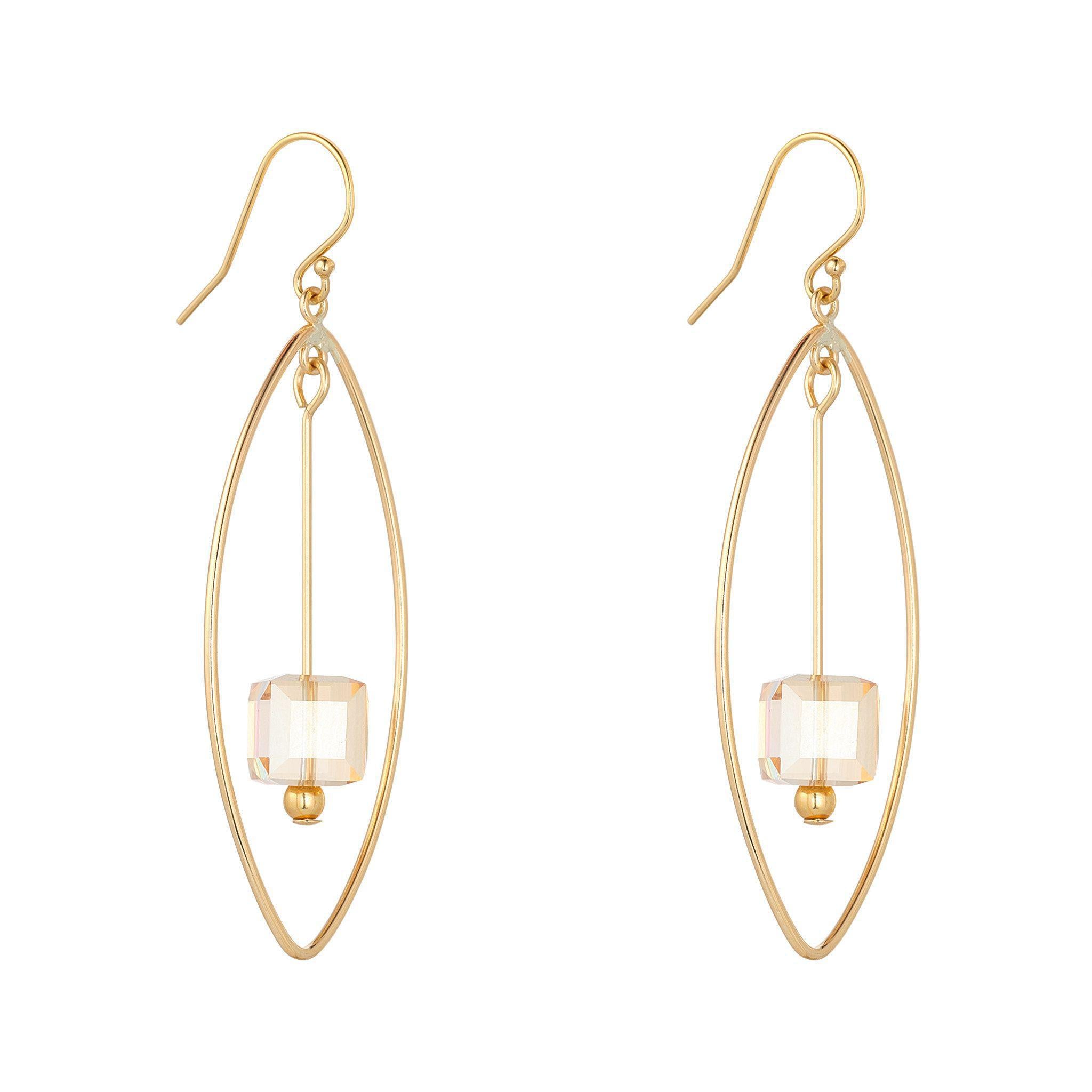 A pair of gold filled oval chandelier earrings with a golden shadow crystal element cube attached to the bottom of each earring.