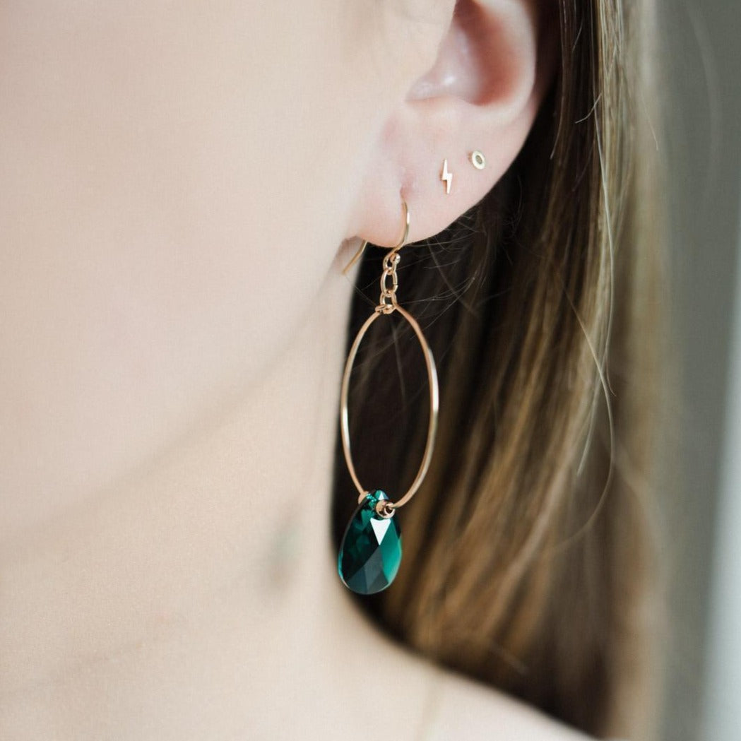 Gold Filled Emerald Green Crystal Teardrop Hoop Earrings