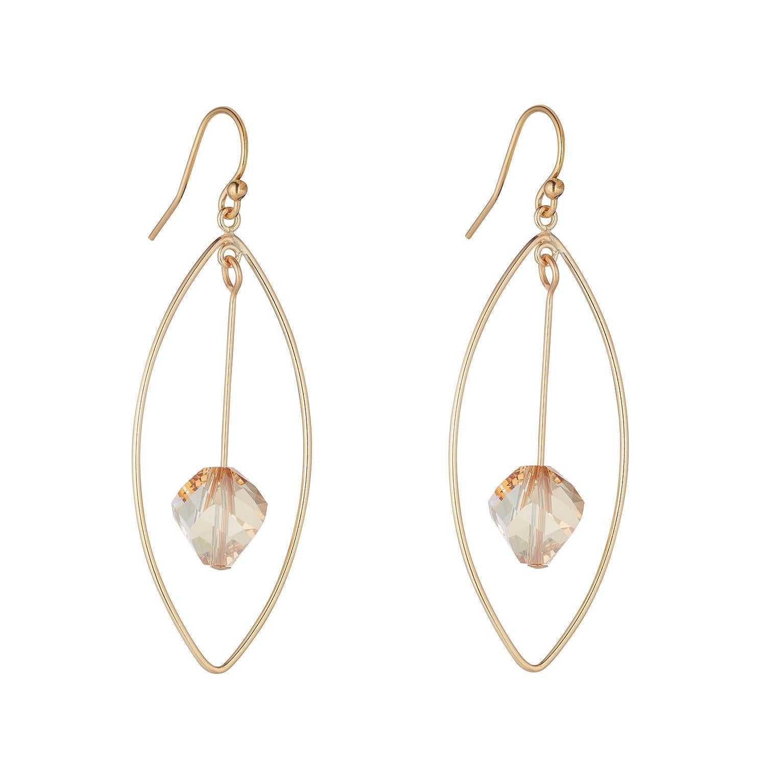 A pair of gold filled oval chandelier earrings with golden shadow diamond crystals.