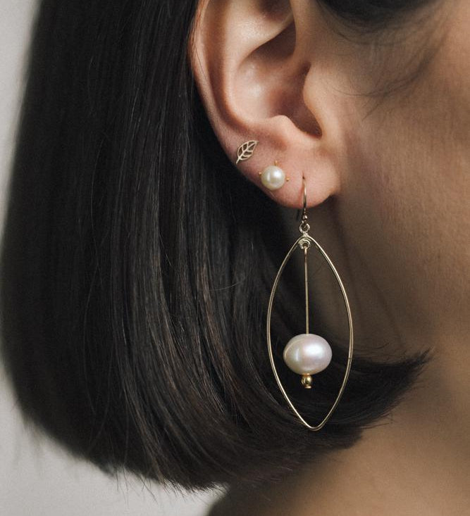 Gold Filled 10mm Round Pearl Oval Chandelier Earrings