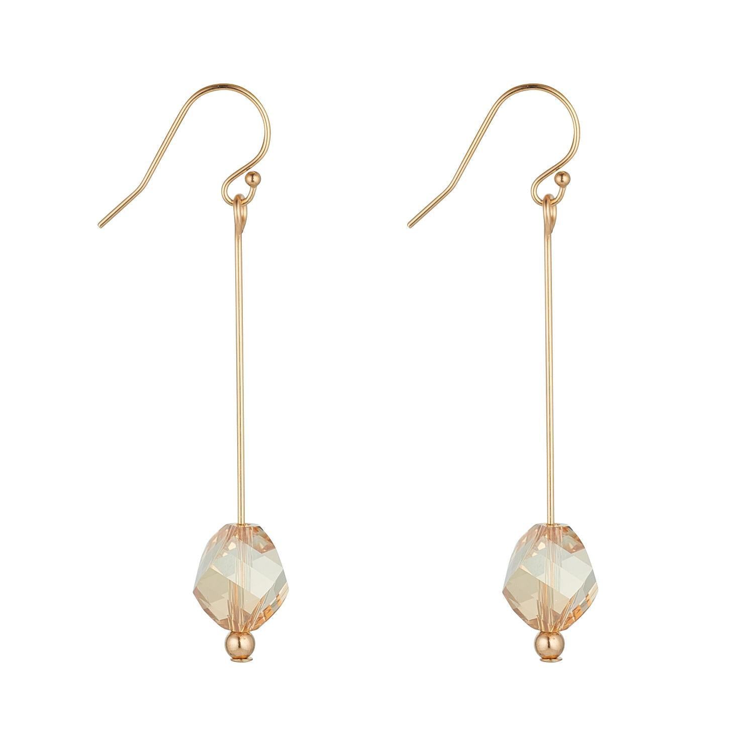 A pair of gold filled pin earrings featuring golden shadow crystals.