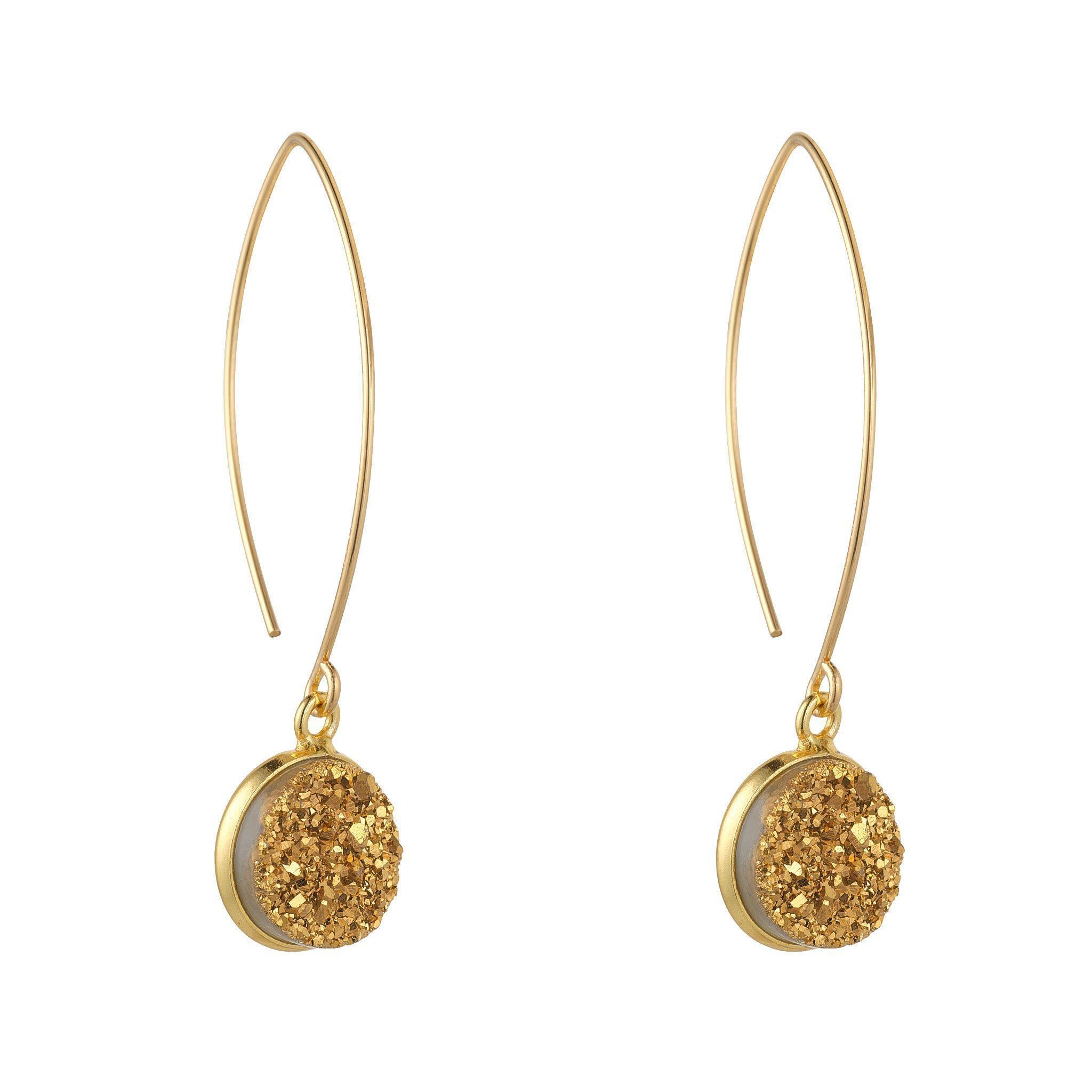 A pair of gold-filled earrings featuring oval-shaped gold druzy quartz 