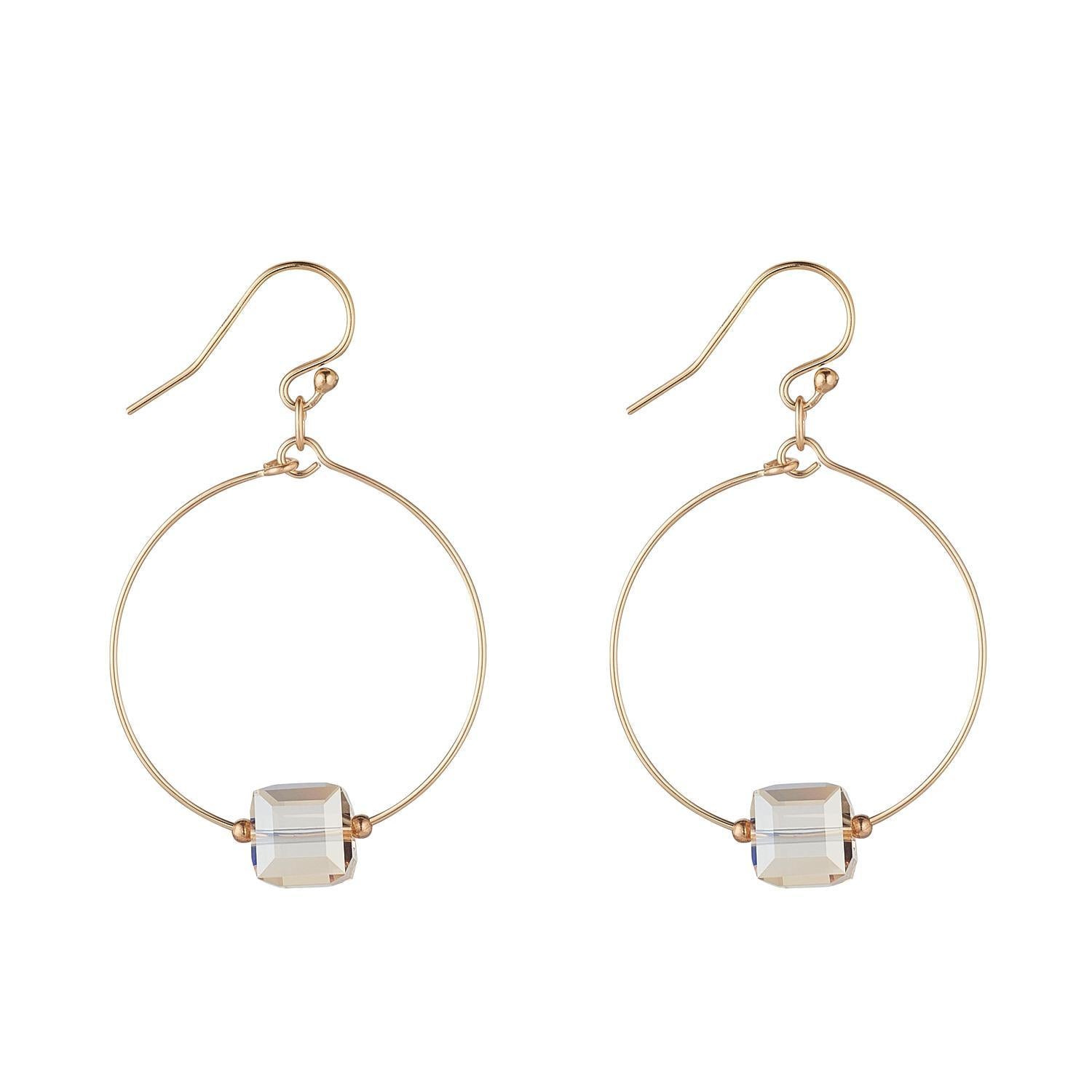 A pair of small gold-filled hoop earrings with golden shadow cubes