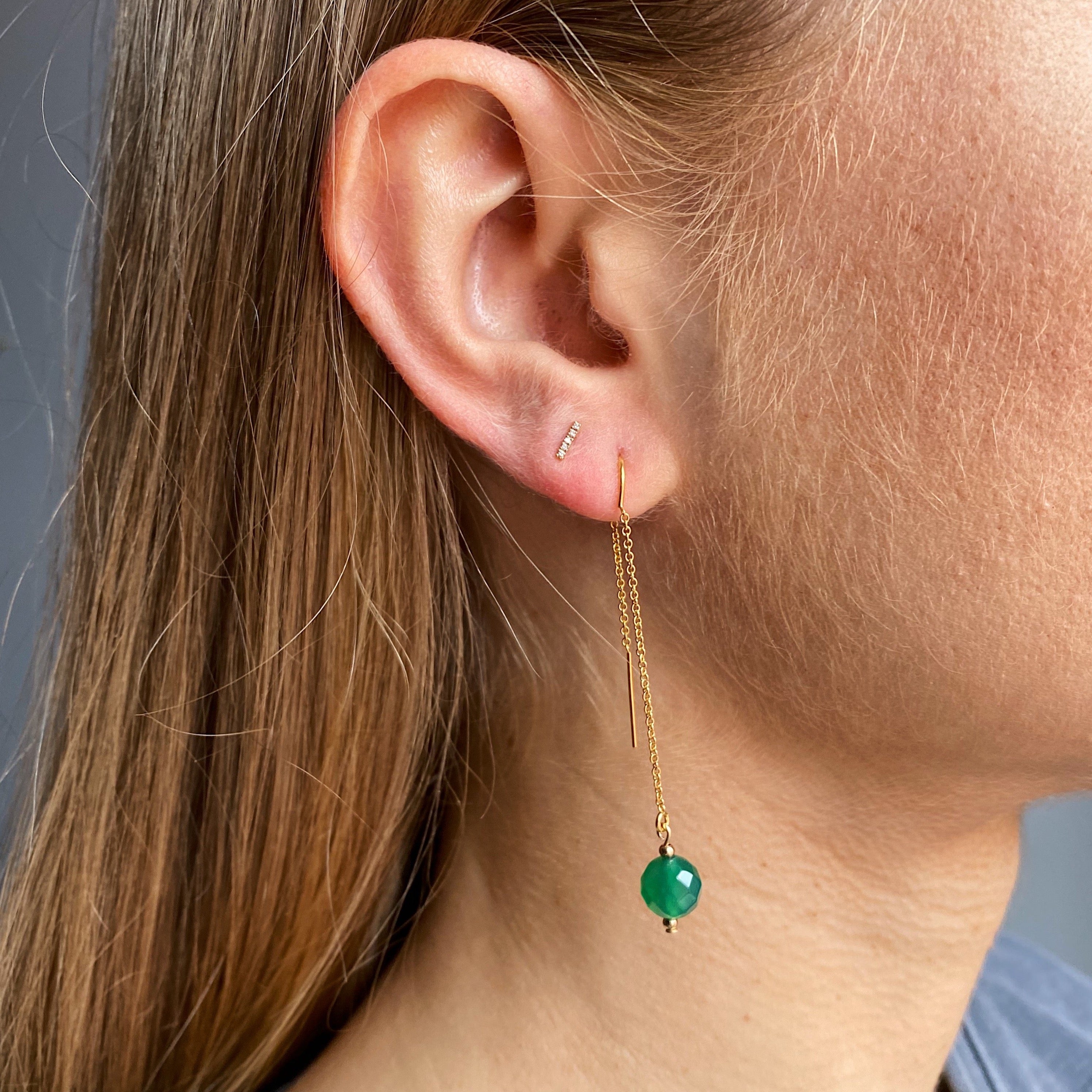 Gold Filled Green Agate Threader Earrings