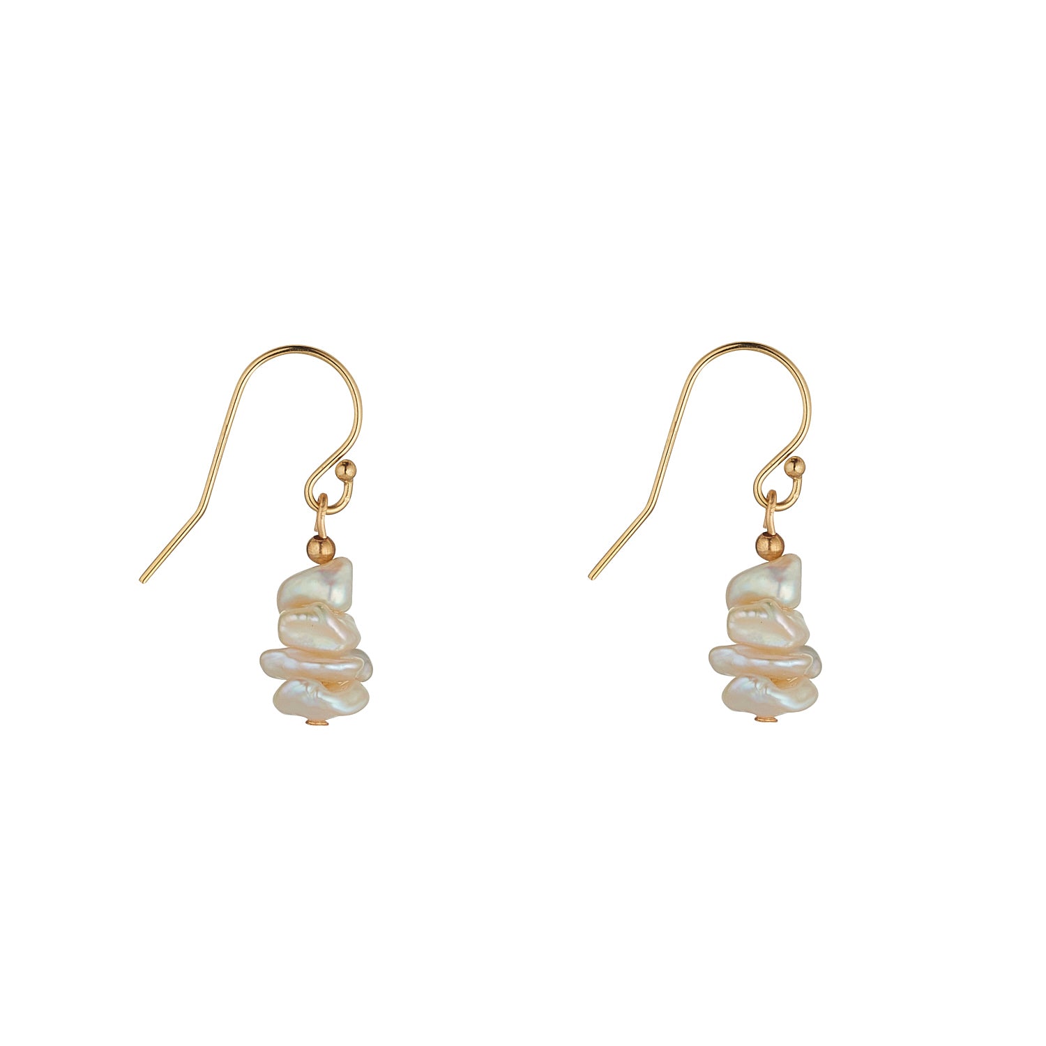 A pair of gold filled mini saucer pearl drop earrings with four pearls on each earring, hanging from gold hooks.