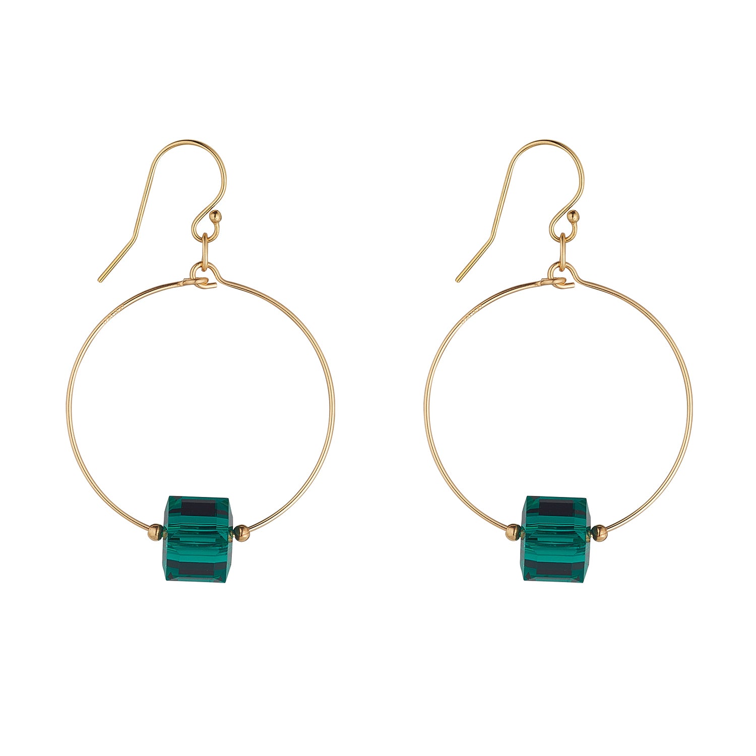 Gold Filled Majestic Green Crystal Cube Small Hoop Earrings