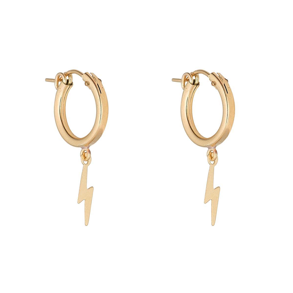 A pair of gold filled clip hoop earrings with charms in the shape of lightning bolts.