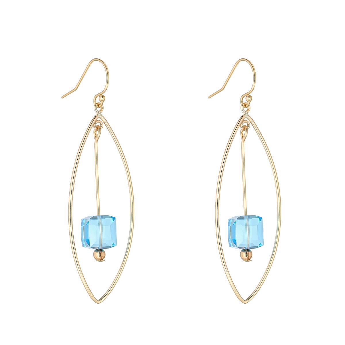 A pair of gold filled chandelier earrings featuring oval shapes with blue aquamarine crystal cube drops