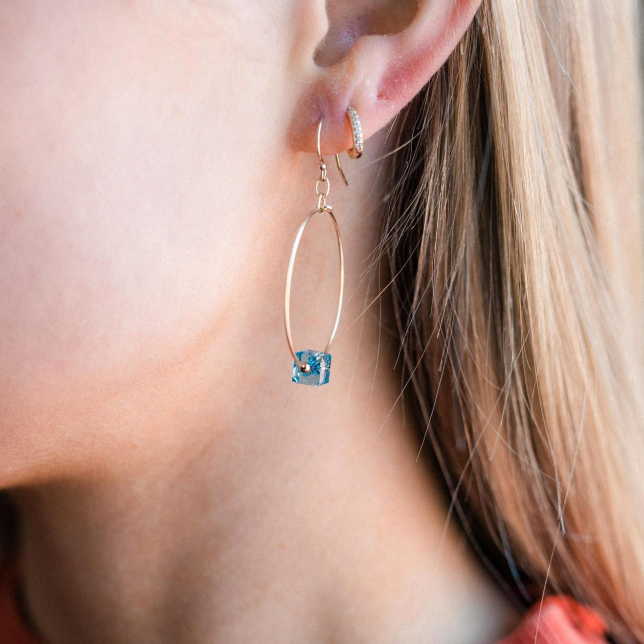 Gold Filled Aquamarine Crystal Cube Hoop Earrings