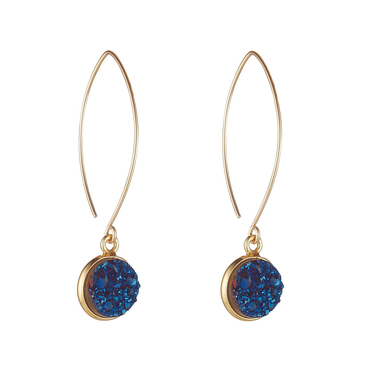 Gold filled oval drop earrings with Blue Druzy qaurtz stone.