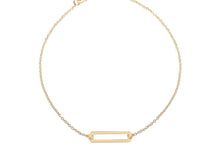 A 9kt gold bracelet featuring an open rectangle design on a chain, displayed against a white background.