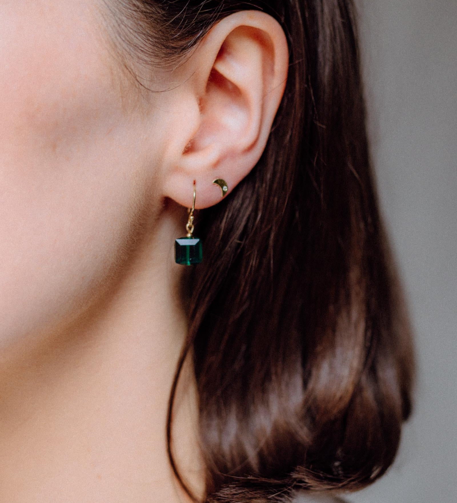 Gold Filled Majestic Green Crystal Cube Drop Earrings