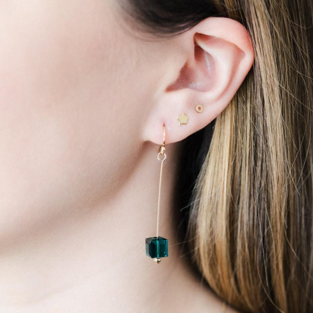 Gold Filled Majestic Green Crystal Cube Pin Earrings