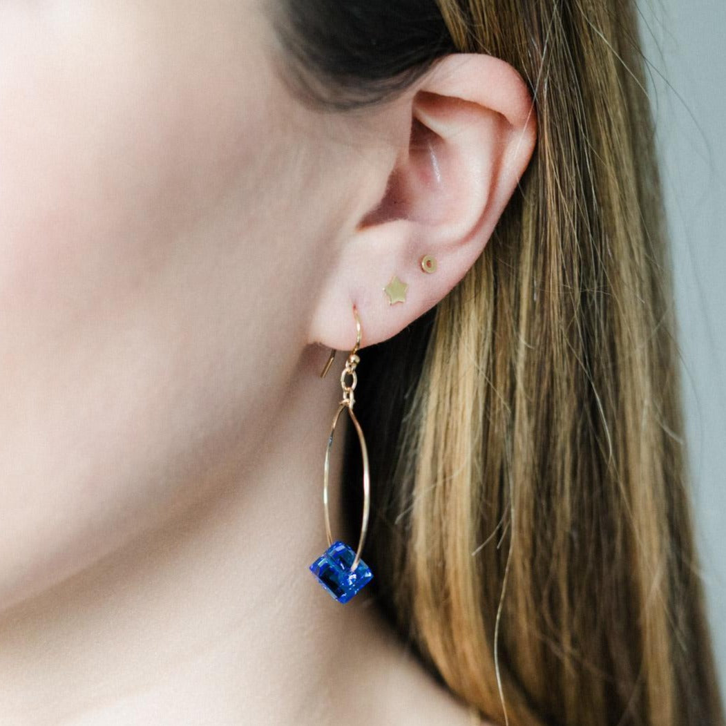 Gold Filled Royal Blue Crystal Cube Hoop Earrings