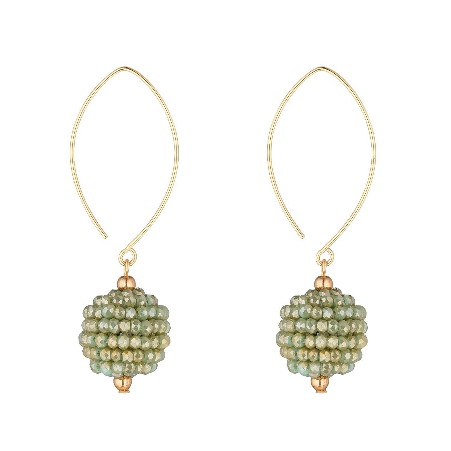 A pair of gold filled oval earrings with a small cluster of fern green crystal beads.