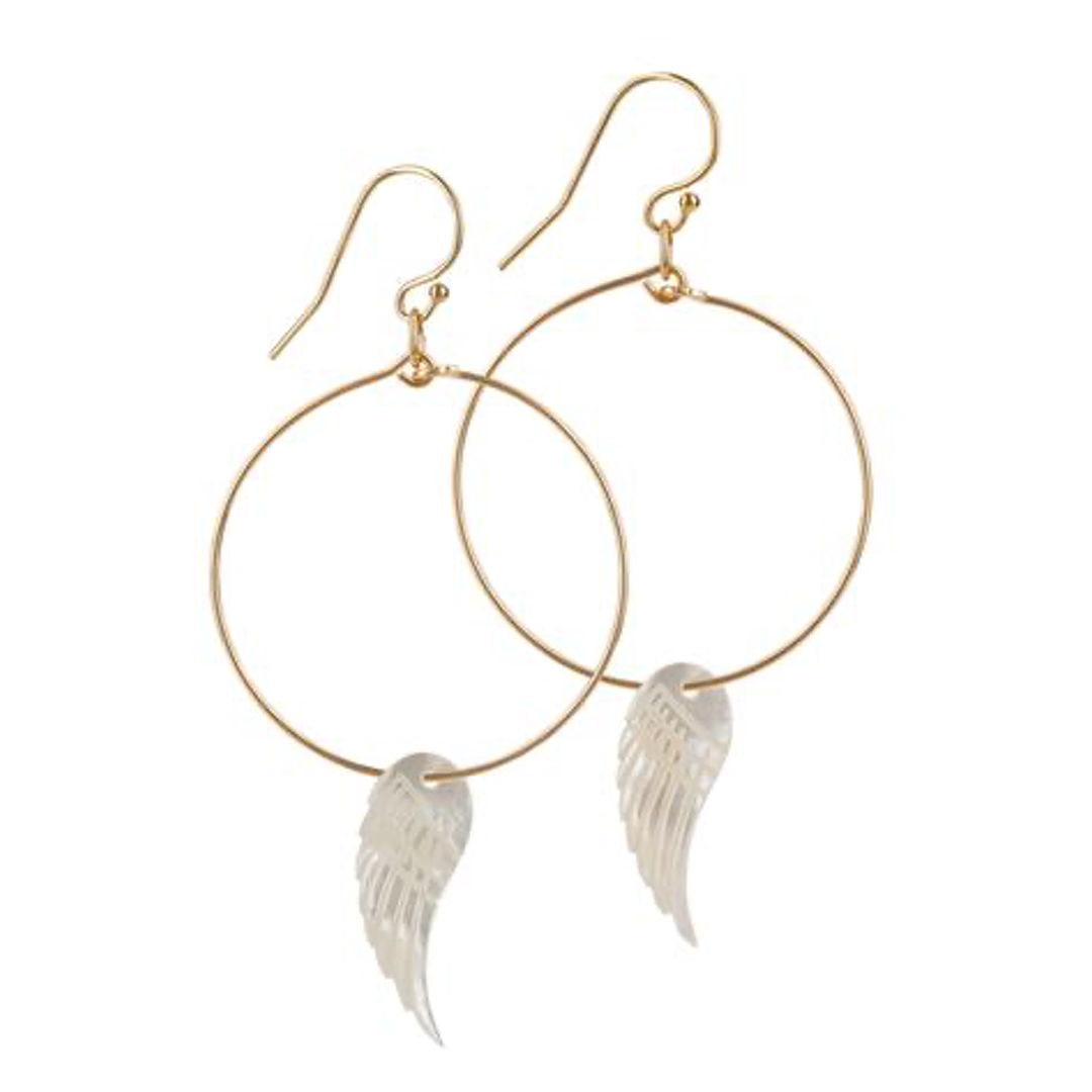 Gold Filled Mother of Pearl Angel Wing Hoop Earrings